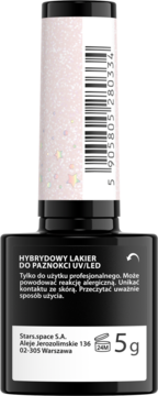 Różowy lakier hybrydowy UV/LED z brokatem i konfetti, tył butelki 5g z pełną etykietą produktu.