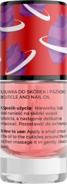 Oliwka Venus do skórek i paznokci, butelka z czerwonym wieczkiem i planetami, różowy olejek, widok z przodu.