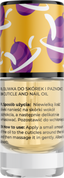Olej do skórek i paznokci w przezroczystej butelce z żółtą nakrętką i fioletowymi planetami, widok z przodu.