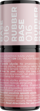 Butelka gumowej bazy UV/LED do paznokci nr 016, w kolorze jasnoróżowym z czarnym spodem, widok z przodu.