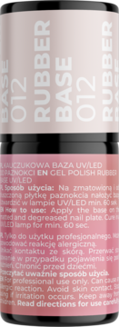 Jasnoróżowa butelka bazy kauczukowej Rubber Base 012 do paznokci, widok z przodu, z czarnym korkiem.