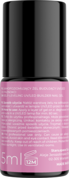 Różowy samopoziomujący żel Stars.space UV/LED 5ml, tył butelki z instrukcjami i symbolem 12M.