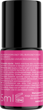 Stars.space samopoziomujący żel budujący UV/LED 5ml, różowa butelka, widok z przodu z instrukcjami.