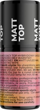 Czarna butelka Matt Top do paznokci, widok z przodu. Etykieta z białym napisem i różowo-żółtym gradientem.