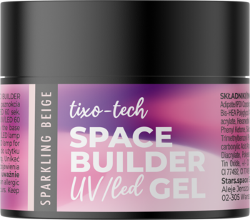 Sparkling Beige SPACE BUILDER żel UV/LED w czarnym słoiczku, z gradientową etykietą, widok z przodu.
