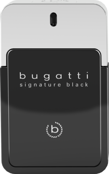Męska woda toaletowa Bugatti Signature Black w eleganckim, czarno-srebrnym flakonie, widok z przodu.
