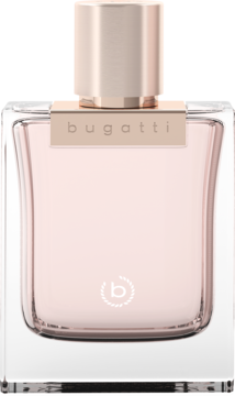 Bugatti Bella Donna EDP, różowa szklana butelka z różowo-złotą zakrętką i logo "bugatti", widok z przodu.