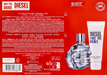 Tył opakowania zestawu Diesel Only The Brave: flakon 50ml w kształcie pięści i żel pod prysznic 75ml, na czerwonym tle.