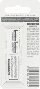 Alterra Repair pomadka ochronna, tył opakowania, opis w j. polskim, składniki, info o recyklingu.