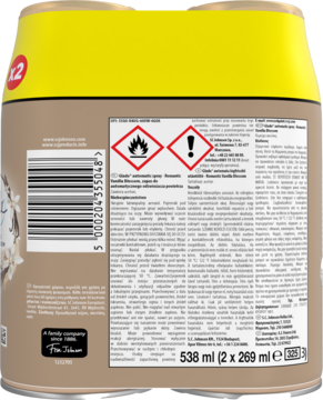 Tył odświeżacza Glade Romantic Vanilla Blossom, beżowa puszka z żółtym wieczkiem, etykieta z kodem kreskowym i piktogramami zagrożeń.