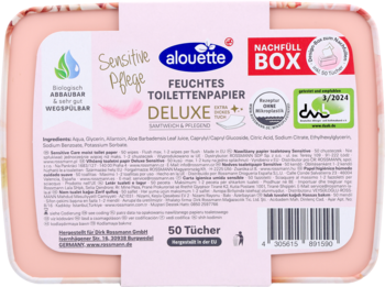 Tył różowego opakowania Alouette Deluxe nawilżany papier toaletowy, z etykietą 50 chusteczek i "NACHFÜLL BOX".