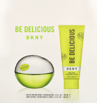 DKNY Be Delicious: zielony, jabłkowity flakon perfum EDP i tuba balsamu 100ml, widok z przodu, jasne tło.