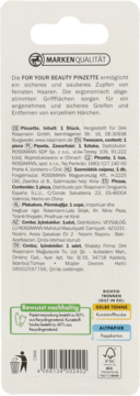 Tył beżowego opakowania pęsety FOR YOUR BEAUTY z logiem "MARKENQUALITÄT", opisem produktu i kodem kreskowym.