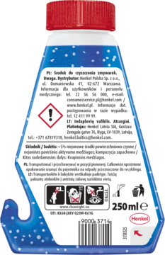 Tył niebieskiej butelki Somat Intensive Machine Cleaner 250ml, czerwona zakrętka, etykieta z polskimi napisami.