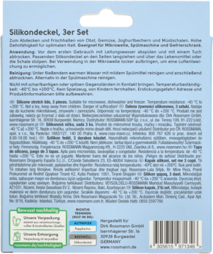 Tył opakowania zestawu 3 silikonowych pokrywek Rossmann, z instrukcją użycia i informacjami o produkcie.