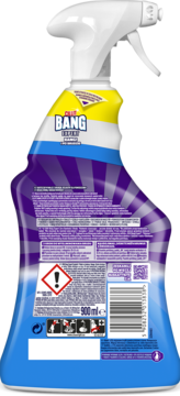 Tył butelki Cilit Bang Czystość i Połysk w Łazience 900ml. Niebieski spray z etykietą, kodem kreskowym i ostrzeżeniami.