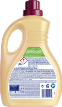 Tył beżowej butelki płynu Woolite Fruity 1.8L do kolorów z keratyną, widoczne etykiety i barcode.