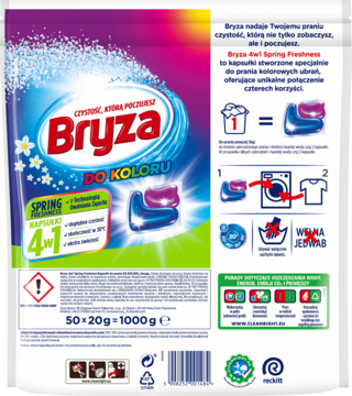 Tył fioletowo-zielonej saszetki kapsułek Bryza 4w1 do prania koloru, z diagramami użycia produktu.
