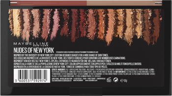 Maybelline Nudes of New York paleta cieni, tył opakowania z kodem kreskowym i swatchami neutralnych barw.