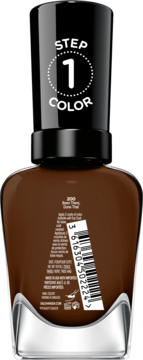 Tył brązowego lakieru Sally Hansen Miracle Gel 200 Been There, Dune That, z kodem kreskowym i napisem STEP 1.