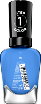 Tylny widok niebieskiego lakieru Sally Hansen Miracle Gel 642 Oaseas z czarną nakrętką i kodem kreskowym.