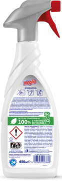 Tył białej butelki Meglio odkamieniacza w sprayu 650ml z etykietą 100% recykling, symbolami ostrzegawczymi.