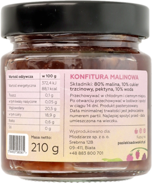 Tył słoika 210g konfitury malinowej, z etykietą prezentującą skład (80% malin) i dane producenta Miodziarze.