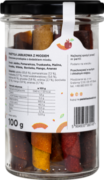 Tył słoika z kolorowymi, zdrowymi pastylkami jabłkowymi z miodem, z etykietą ze składem i wagą 100g.