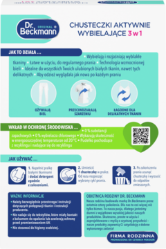 Dr. Beckmann Chusteczki Aktywnie Wybielające 3w1, ulotka produktu z opisem i ikonami użytkowania.