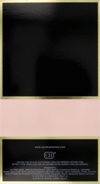 Opakowanie perfum Carolina Herrera Good Girl Blush, tylna strona, czarno-złota z różowym pasem.