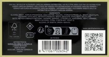 Tył czarnego opakowania damskiej wody perfumowanej Carolina Herrera Good Girl: składniki, kod kreskowy, QR.