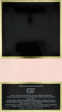 Tył opakowania perfum Carolina Herrera Good Girl Blush, czarno-złoty kartonik z różowym paskiem i tekstem składu.