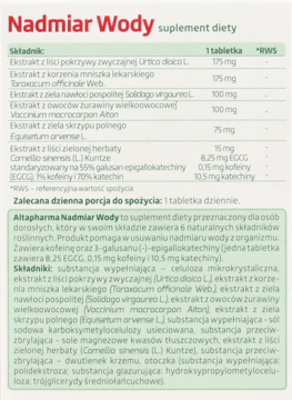 Altapharma Nadmiar Wody: ulotka suplementu diety z listą składników i opisem działania na usuwanie wody.