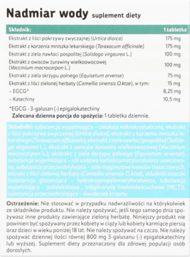 Etykieta suplementu diety Nadmiar Wody Altapharma, z listą składników roślinnych i ostrzeżeniami, na białym tle.