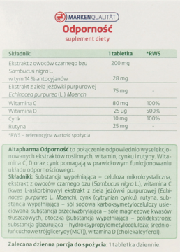 Białe opakowanie suplementu diety Altapharma Odporność. Widok z góry, z tabelą składników i opisem.