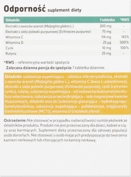 Etykieta suplementu Altapharma Odporność z listą składników, witamin C, D, cynku oraz ostrzeżeniami.