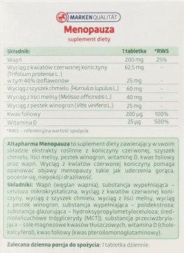 Tył białego opakowania suplementu Altapharma Menopauza, z czytelną tabelą składników i opisem.