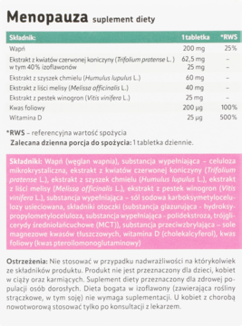 Biała etykieta suplementu Menopauza z listą składników, dawkowaniem, RWS i ostrzeżeniami.