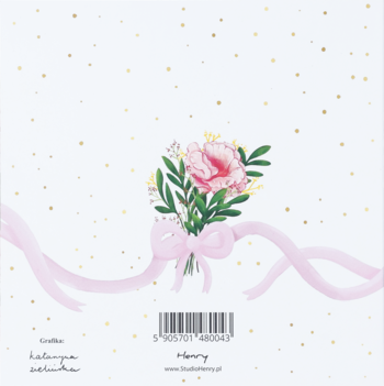 Kartka na Dzień Babci: pastelowy bukiet różowych kwiatów z zielenią i różową wstążką na białym tle w złote kropki.