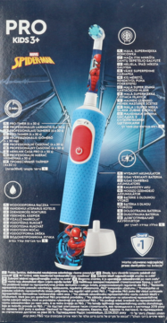 Tył opakowania Oral-B Pro Kids 3+, niebieska szczoteczka elektryczna Spider-Man i lista jej funkcji.