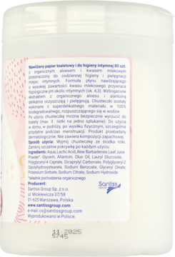 Tył białego opakowania nawilżanego papieru Santiss do higieny intymnej. Widoczna etykieta z polskim tekstem o składzie i różowy wzór.