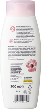 Tył białej butelki płynu do higieny intymnej Facelle Sensitive 300 ml, z listą składników, pH 4,2 i certyfikatami.