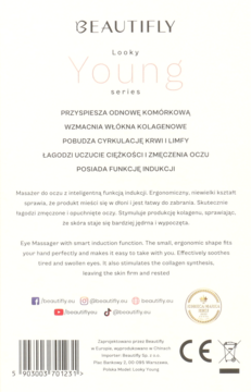 Beautifly Looky Young masażer do oczu, tył opakowania. Beżowa karta z opisem korzyści i danych producenta.