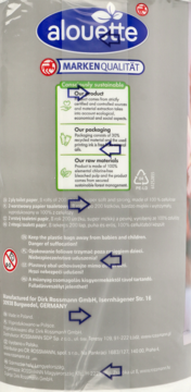 Przezroczyste opakowanie białego papieru toaletowego Alouette, 8 rolek 2-warstwowych, z opisem eko.