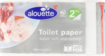 Papier toaletowy Alouette 2-warstwowy, miękki, 8 rolek po 200 listków, w białym opakowaniu z różowymi kwiatami.