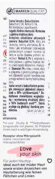 Biała etykieta Isana Serum z Bakuchiolem z polskim opisem składników i efektów. Różowy napis 'Love your skin'.