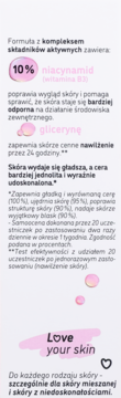 Isana Love Your Skin serum niacynamidowe: szczegółowy opis składu, działania i efektów, różowe akcenty graficzne.