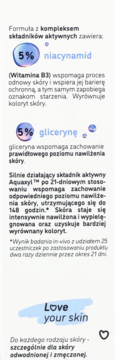 Isana Love Your Skin serum. Fragment etykiety z 5% niacynamidem i gliceryną, opisem działania Aquaxyl.