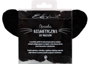 Czarna opaska kosmetyczna do włosów Ewa Schmitt z kocimi detalami, w kwadratowym opakowaniu, widok z przodu.