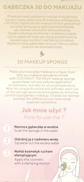 KillyS 3D Makeup Sponge wzbogacona kokosem, na beżowym tle z instrukcjami użycia po polsku i angielsku.